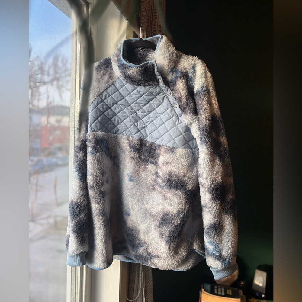 Quilted Sherpa Fleece Pullover Snap Button Cozy Oversized Size L